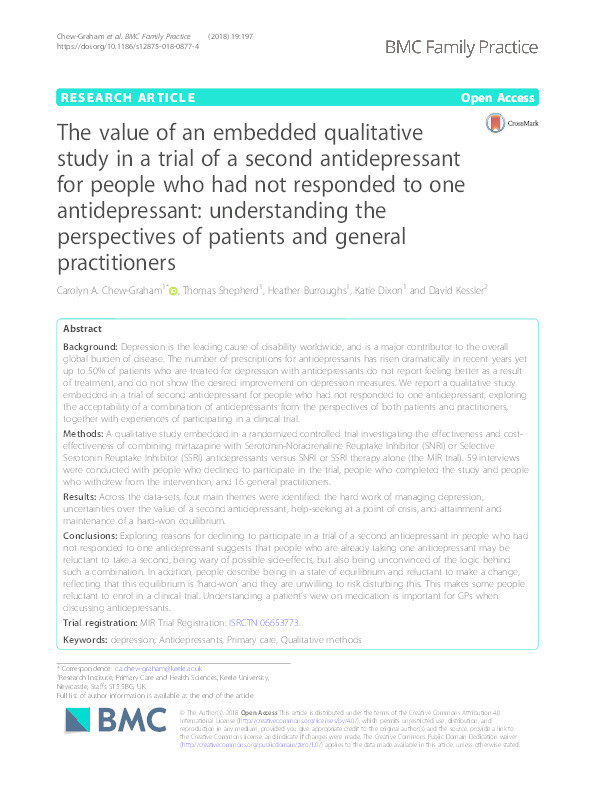 The value of an embedded qualitative study in a trial of a second antidepressant for people who had not responded to one antidepressant: understanding the perspectives of patients and general practitioners Thumbnail