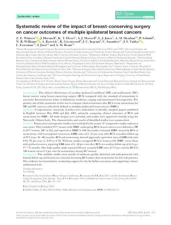 Systematic review of the impact of breast-conserving surgery on cancer outcomes of multiple ipsilateral breast cancers. Thumbnail