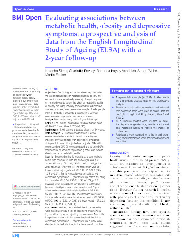 Evaluating associations between metabolic health, obesity and depressive symptoms: a prospective analysis of data from the English Longitudinal Study of Ageing (ELSA) with a 2-year follow-up. Thumbnail