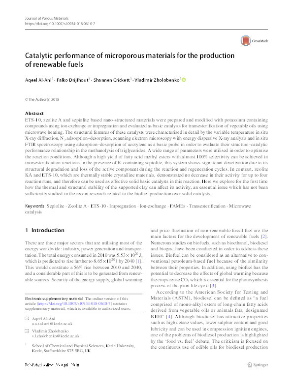 Catalytic performance of microporous materials for the production of renewable fuels Thumbnail