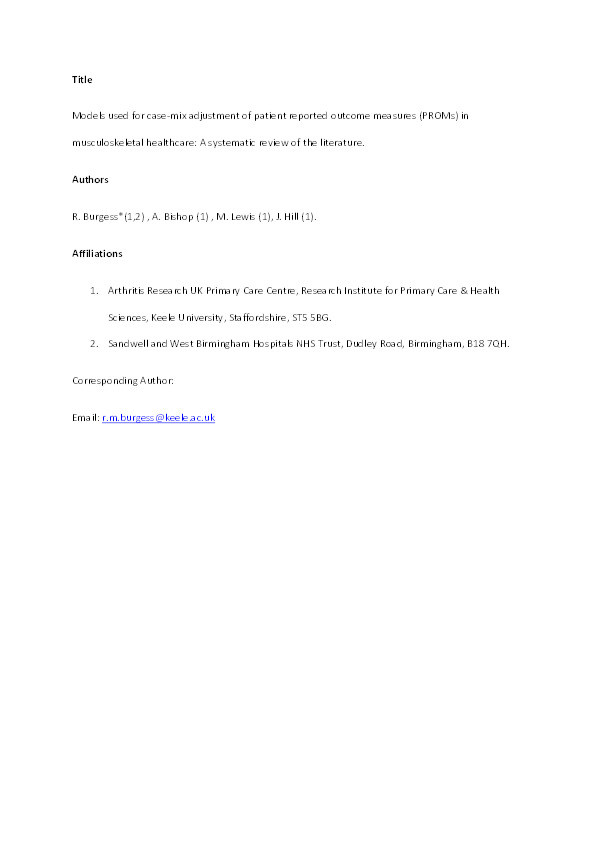 Models used for case-mix adjustment of patient reported outcome measures (PROMs) in musculoskeletal healthcare: A systematic review of the literature. Thumbnail