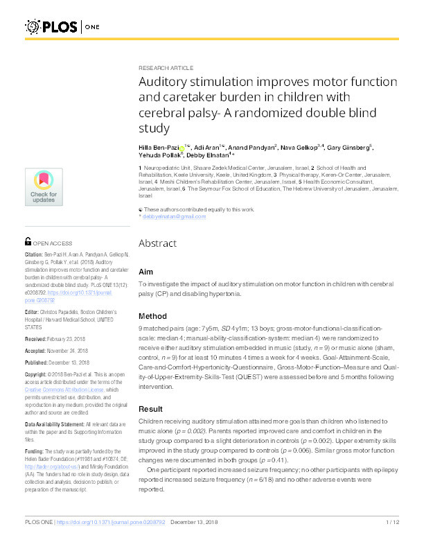 Auditory stimulation improves motor function and caretaker burden in children with cerebral palsy-A randomized double blind study Thumbnail