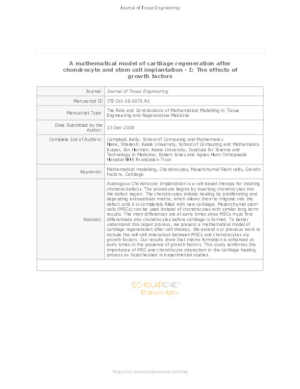 A mathematical model of cartilage regeneration after chondrocyte and stem cell implantation - I: The effects of growth factors Thumbnail