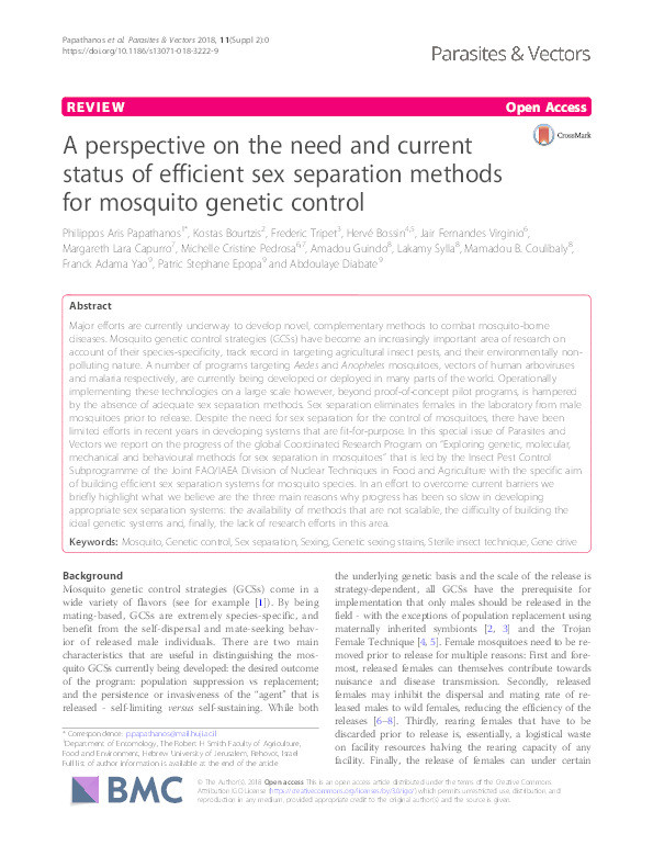 A perspective on the need and current status of efficient sex separation methods for mosquito genetic control. Thumbnail