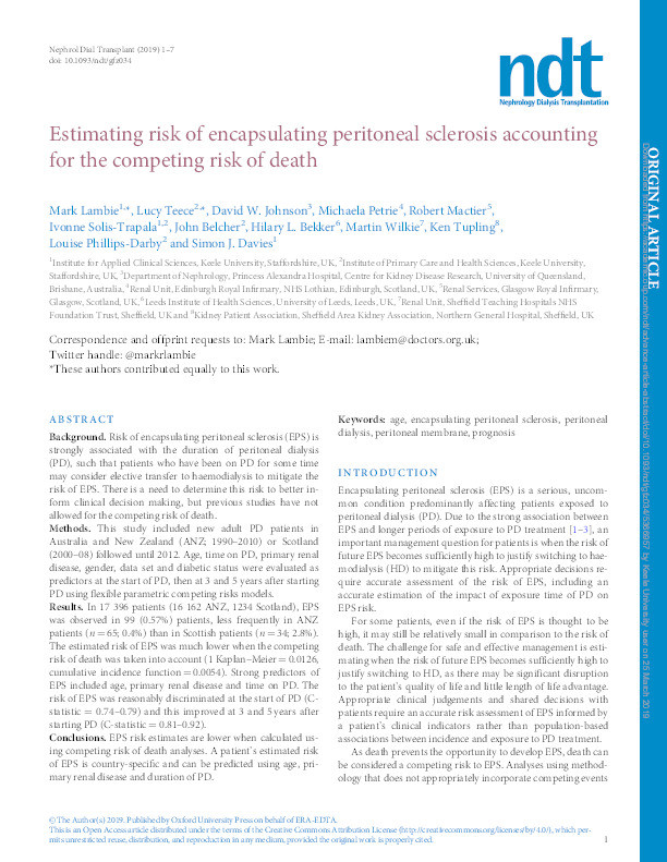 Estimating risk of encapsulating peritoneal sclerosis accounting for the competing risk of death Thumbnail