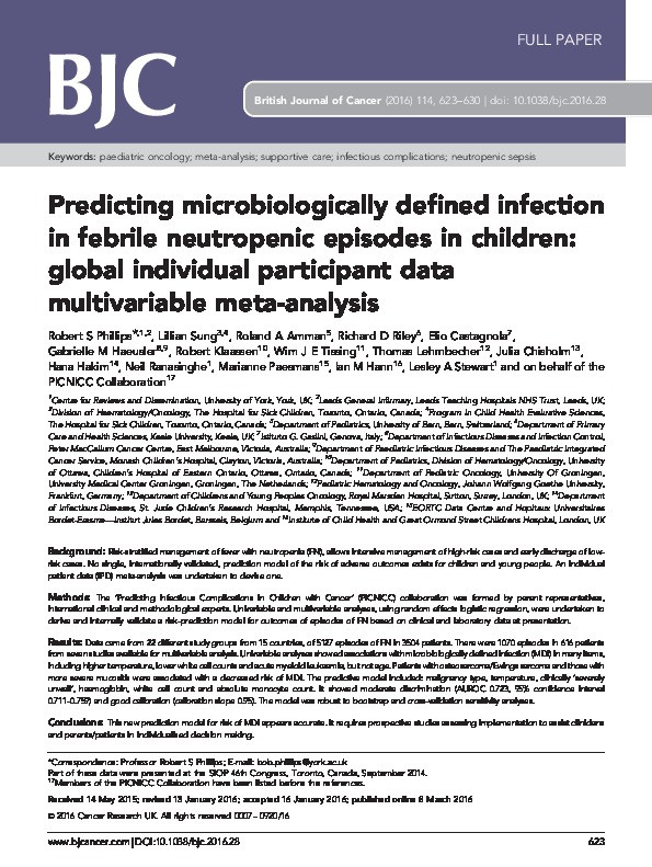 Predicting microbiologically defined infection in febrile neutropenic episodes in children: global individual participant data multivariable meta-analysis. Thumbnail