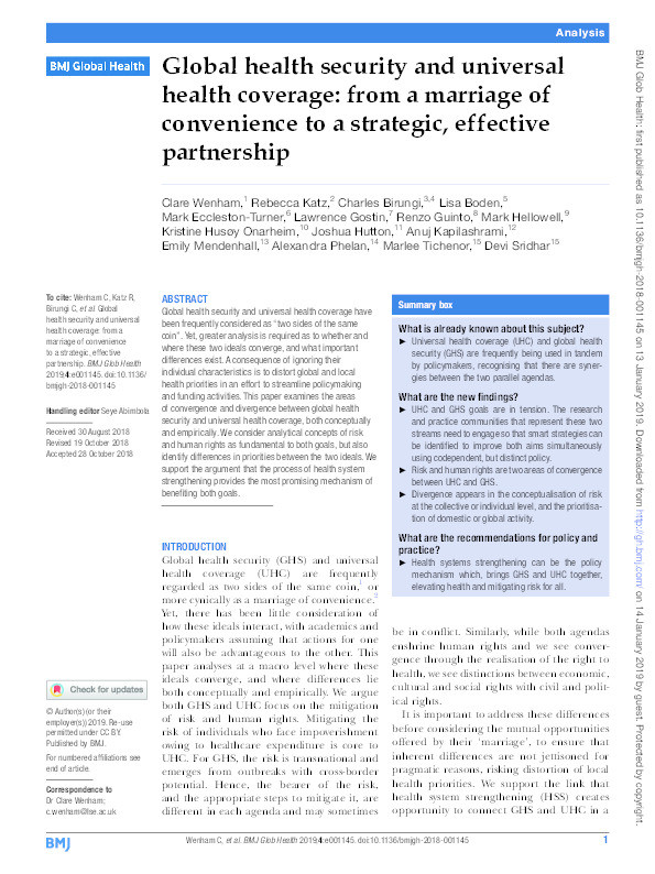 Global health security and universal health coverage: from a marriage of convenience to a strategic, effective partnership Thumbnail