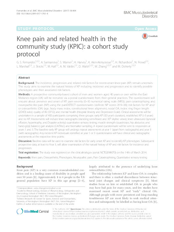 Knee pain and related health in the community study (KPIC): a cohort study protocol Thumbnail