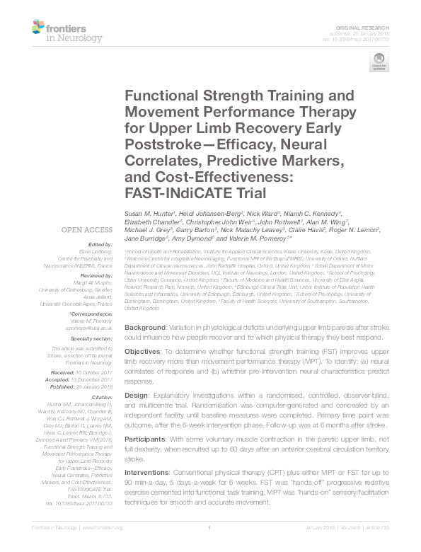 Functional Strength Training and Movement Performance Therapy for Upper Limb Recovery Early Poststroke-Efficacy, Neural Correlates, Predictive Markers, and Cost-Effectiveness: FAST-INdiCATE Trial. Thumbnail