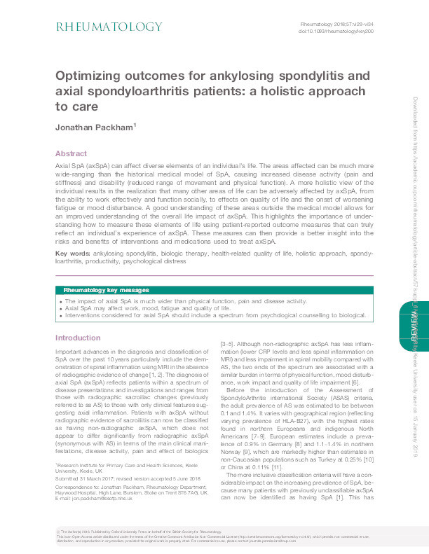 Optimizing outcomes for ankylosing spondylitis and axial spondyloarthritis patients: a holistic approach to care. Thumbnail