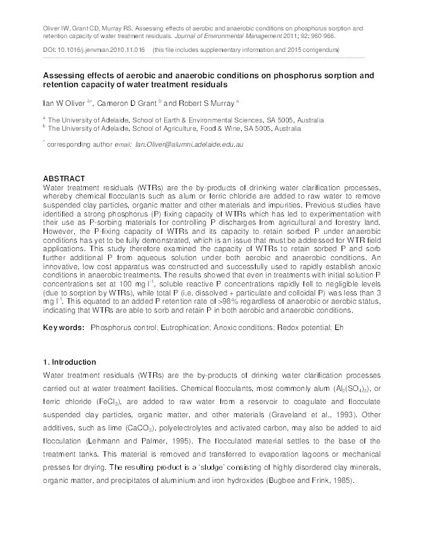 Assessing effects of aerobic and anaerobic conditions on phosphorus sorption and retention capacity of water treatment residuals. Thumbnail