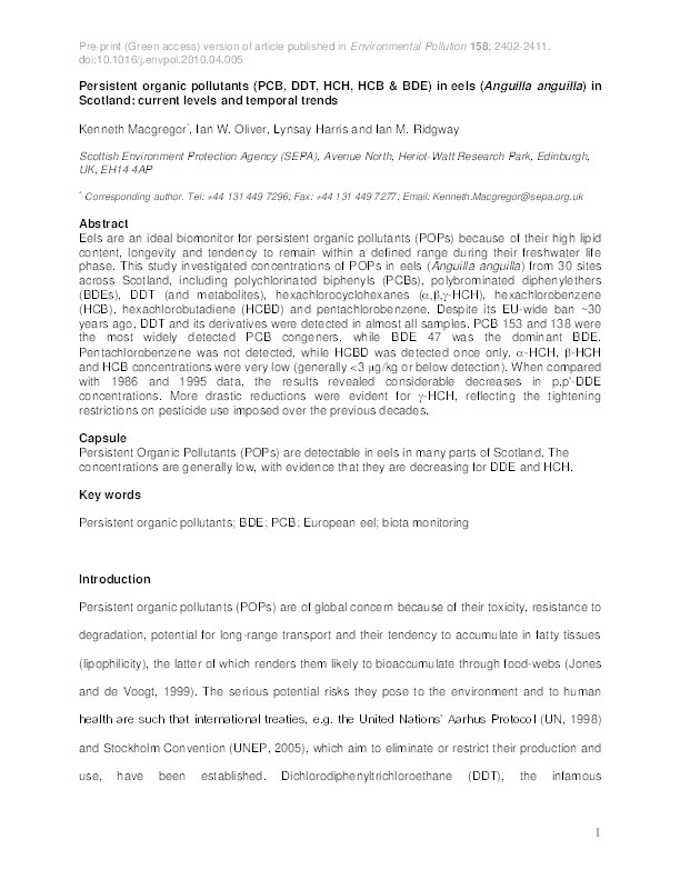 Persistent organic pollutants (PCB, DDT, HCH, HCB & BDE) in eels (Anguilla anguilla) in Scotland: current levels and temporal trends. Thumbnail