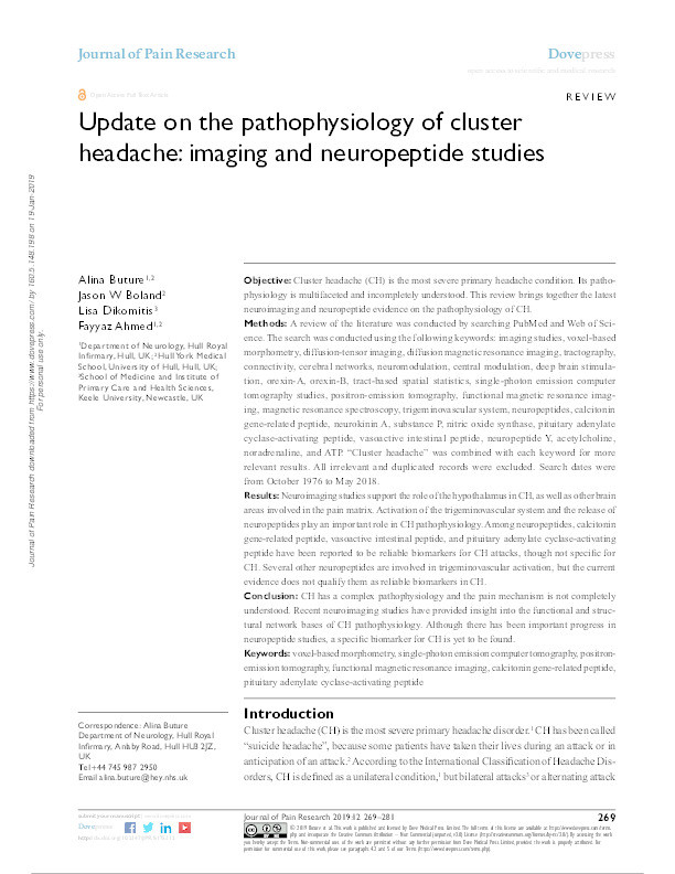 Update on the pathophysiology of cluster headache: imaging and neuropeptide studies Thumbnail