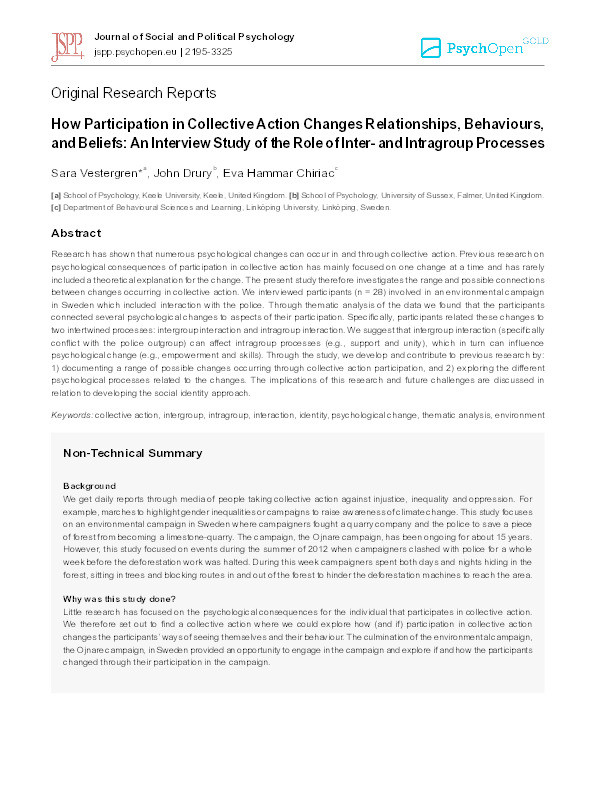 How participation in collective action changes relationships, behaviours, and beliefs: An interview study of the role of inter- and intragroup processes Thumbnail