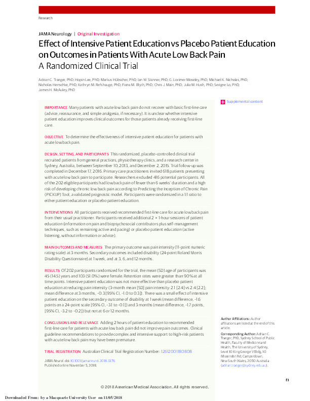 Effect of Intensive Patient Education vs Placebo Patient Education on Outcomes in Patients With Acute Low Back Pain A Randomized Clinical Trial Thumbnail