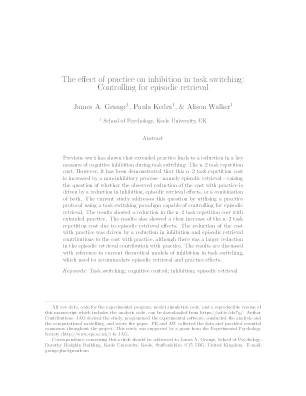 The effect of practice on inhibition in task switching: Controlling for episodic retrieval Thumbnail