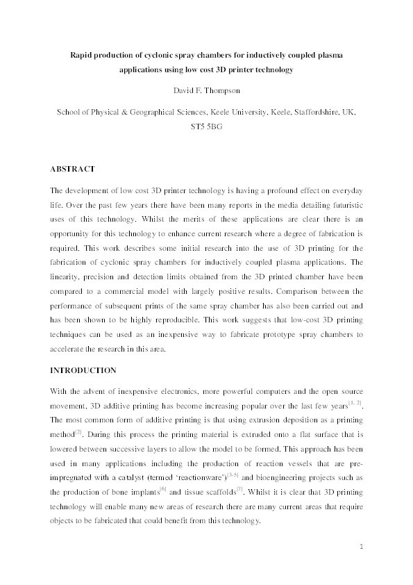 Rapid production of cyclonic spray chambers for inductively coupled plasma applications using low cost 3D printer technology Thumbnail