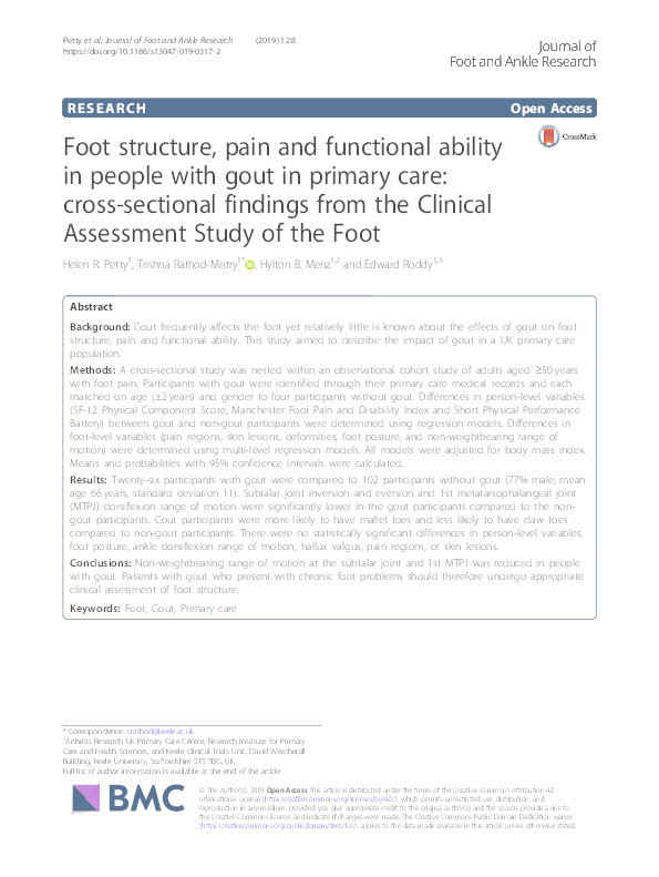 Foot structure, pain and functional ability in people with gout in primary care: cross-sectional findings from the Clinical Assessment Study of the Foot Thumbnail