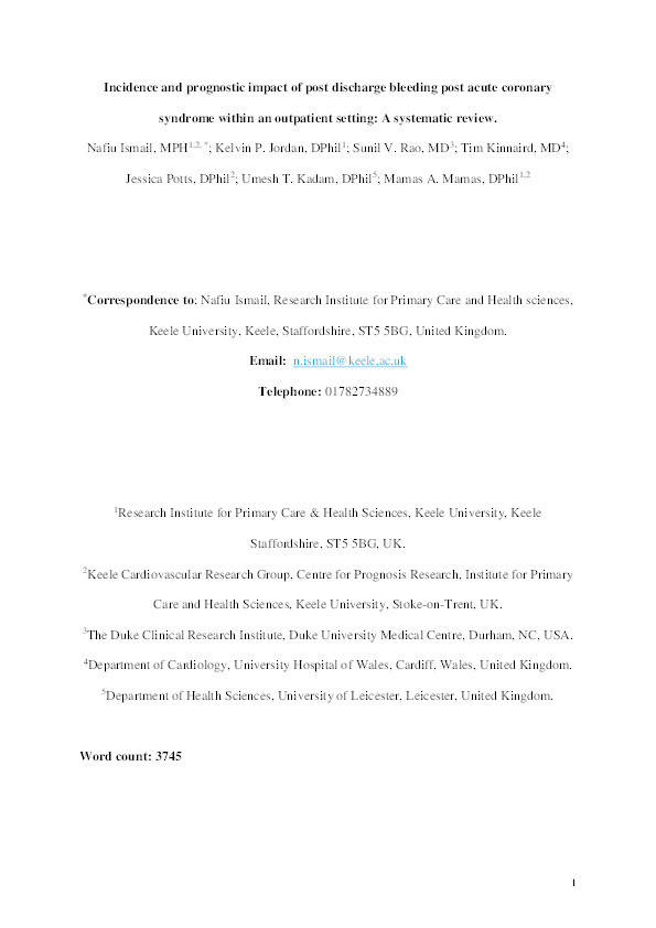 Incidence and prognostic impact of post discharge bleeding post acute coronary syndrome within an outpatient setting: a systematic review Thumbnail