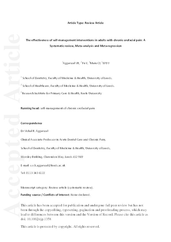 The effectiveness of self-management interventions in adults with chronic orofacial pain: A Systematic review, Meta-analysis and Meta-regression. Thumbnail