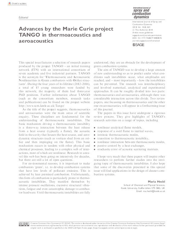 Advances by the Marie Curie project TANGO in thermoacoustics and aeroacoustics Thumbnail