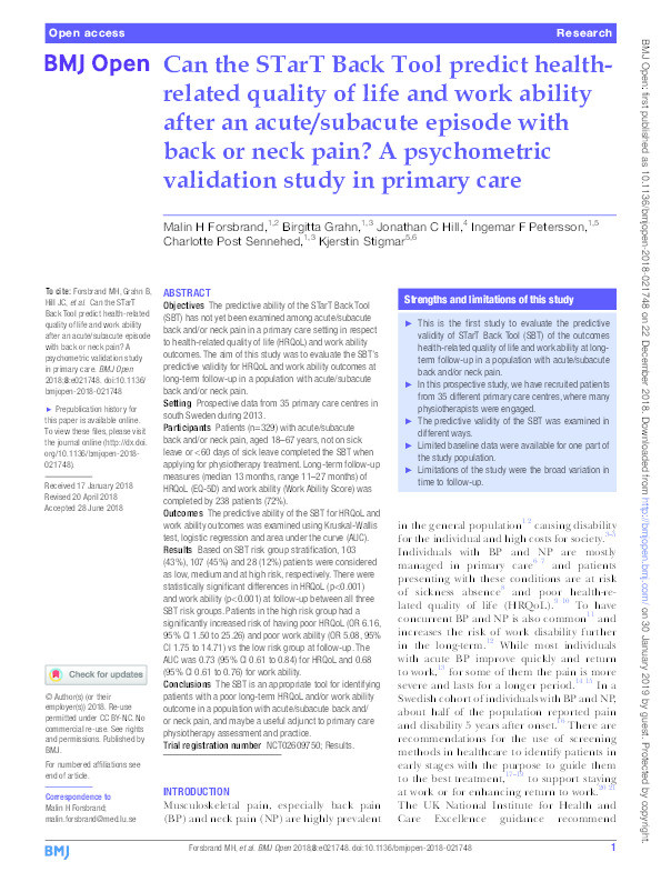 Can the STarT Back Tool predict health-related quality of life and work ability after an acute/subacute episode with back or neck pain? A psychometric validation study in primary care. Thumbnail