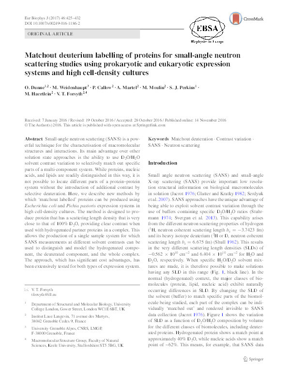 Matchout deuterium labelling of proteins for small-angle neutron scattering studies using prokaryotic and eukaryotic expression systems and high cell-density culture Thumbnail