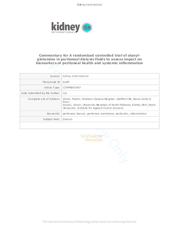 Does alanyl-glutamine supplementation offer potential to improve peritoneal dialysate biocompatibility? Thumbnail