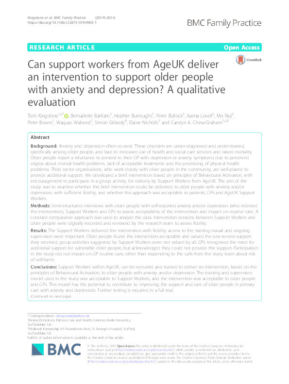 Can support workers from AgeUK deliver an intervention to support older people with anxiety and depression? A qualitative evaluation. Thumbnail
