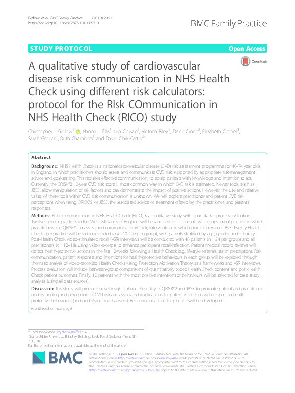 A qualitative study of cardiovascular disease risk communication in NHS Health Check using different risk calculators: protocol for the RIsk COmmunication in NHS Health Check (RICO) study. Thumbnail