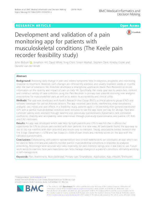 Development and validation of a pain monitoring app for patients with musculoskeletal conditions (The Keele pain recorder feasibility study). Thumbnail