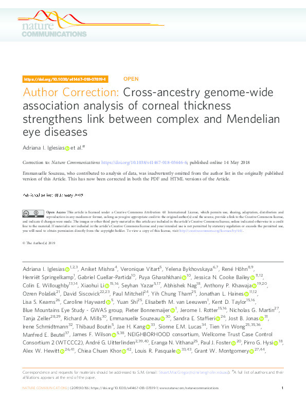 Author Correction: Cross-ancestry genome-wide association analysis of corneal thickness strengthens link between complex and Mendelian eye diseases Thumbnail