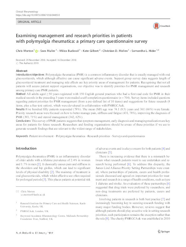 Examining management and research priorities in patients with polymyalgia rheumatica: a primary care questionnaire survey. Thumbnail