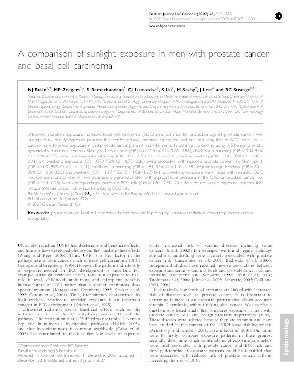 A comparison of sunlight exposure in men with prostate cancer and basal cell carcinoma Thumbnail