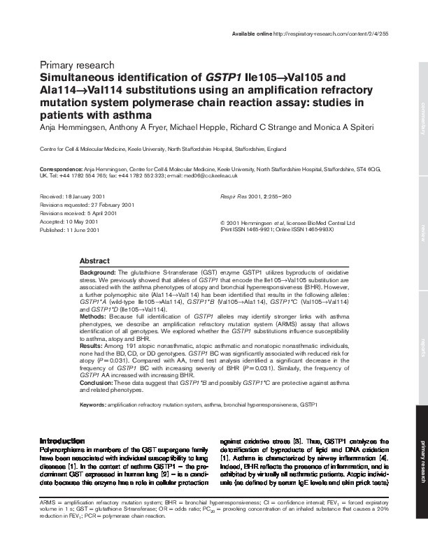 Simultaneous identification of GSTP1 Ile105-->Val105 and Ala114-->Val114 substitutions using an amplification refractory mutation system polymerase chain reaction assay: studies in patients with asthma Thumbnail