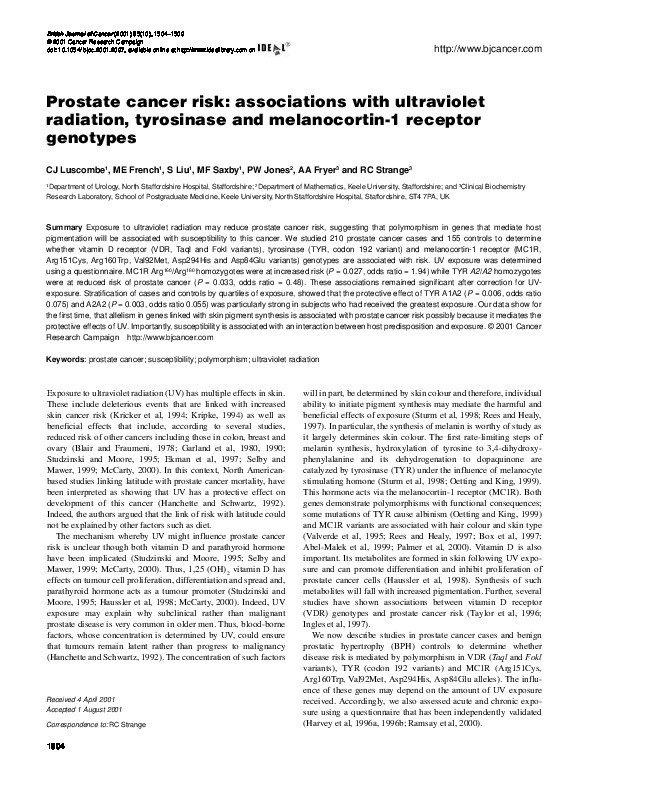 Prostate cancer risk: associations with ultraviolet radiation, tyrosinase and melanocortin-1 receptor genotypes Thumbnail