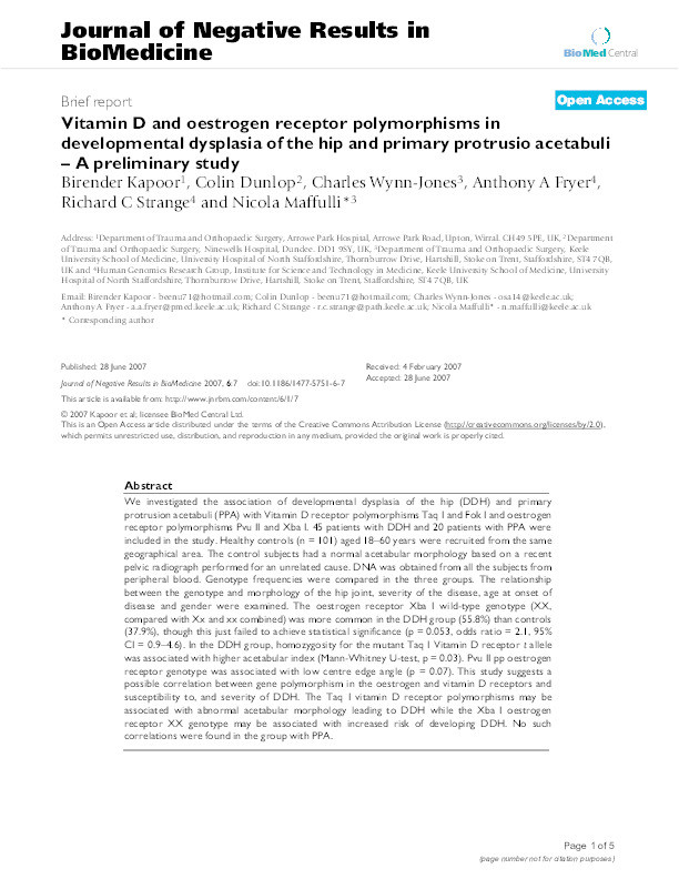 Vitamin D and oestrogen receptor polymorphisms in developmental dysplasia of the hip and primary protrusio acetabuli – A preliminary study Thumbnail