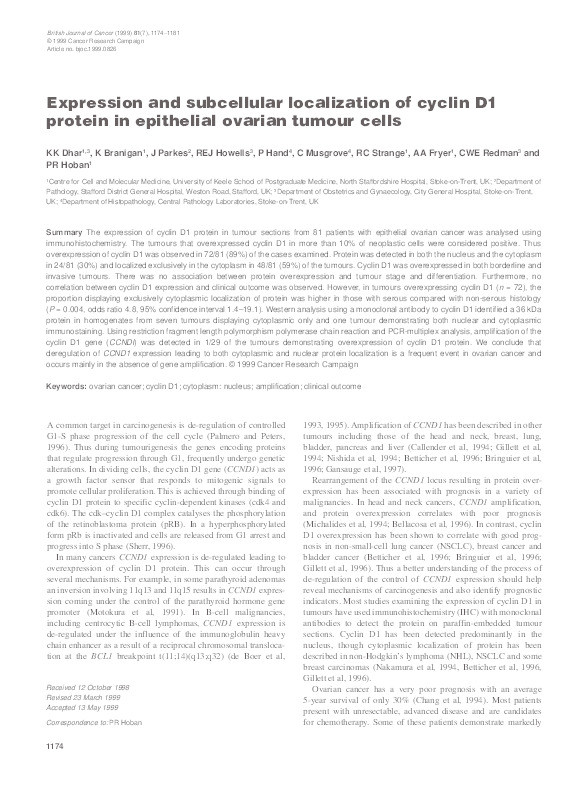 Expression and subcellular localization of cyclin D1 protein in epithelial ovarian tumour cells Thumbnail