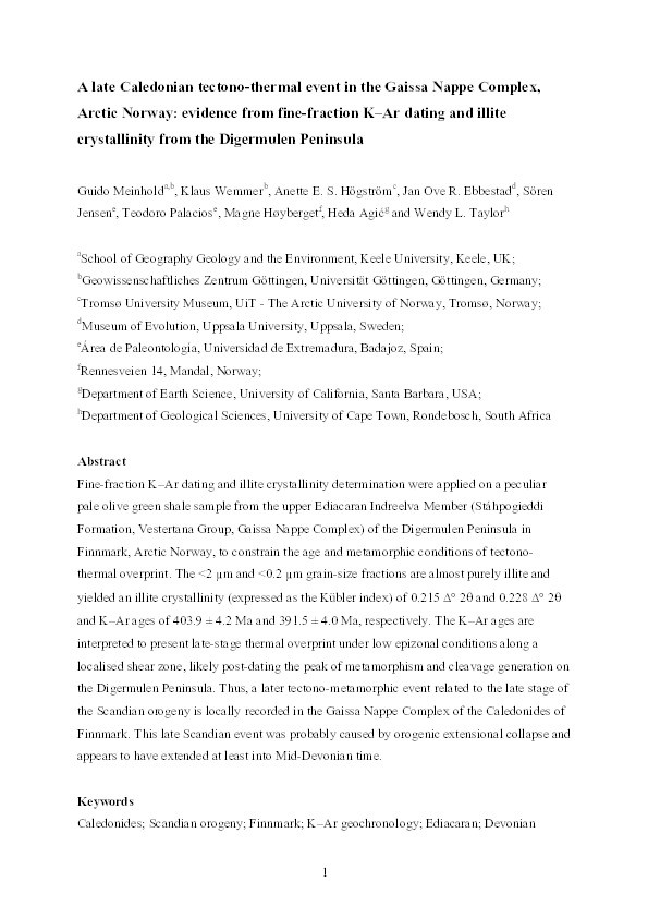 A late Caledonian tectono-thermal event in the Gaissa Nappe Complex, Arctic Norway: evidence from fine-fraction K?Ar dating and illite crystallinity from the Digermulen Peninsula Thumbnail