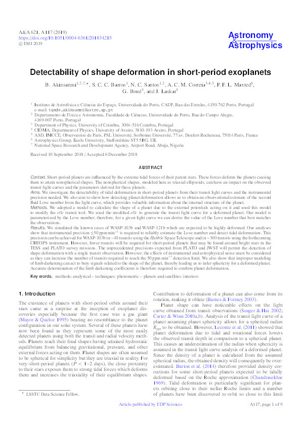 Detectability of shape deformation in short-period exoplanets Thumbnail