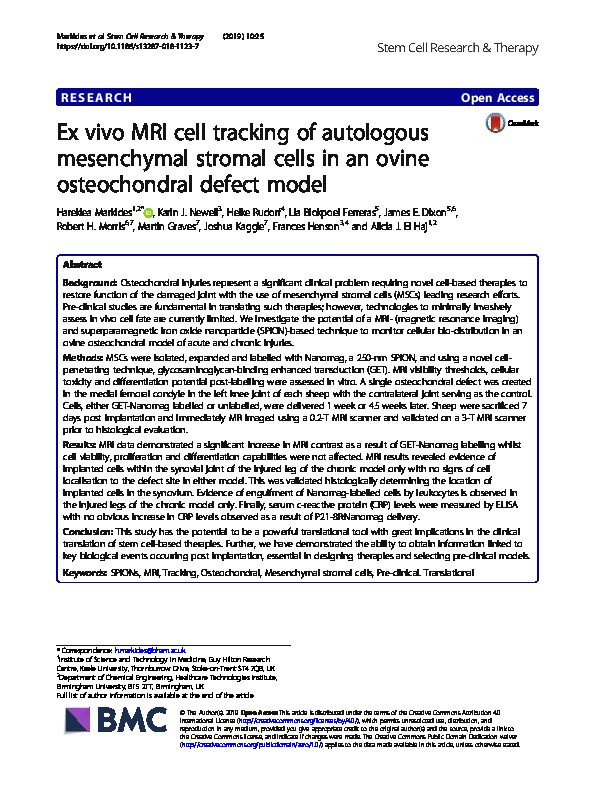 Ex vivo MRI cell tracking of autologous mesenchymal stromal cells in an ovine osteochondral defect model Thumbnail