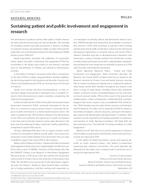 Sustaining patient and public involvement and engagement in research. Thumbnail