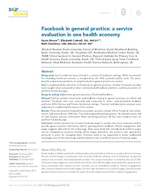 Facebook in general practice: a service evaluation in one health economy. Thumbnail