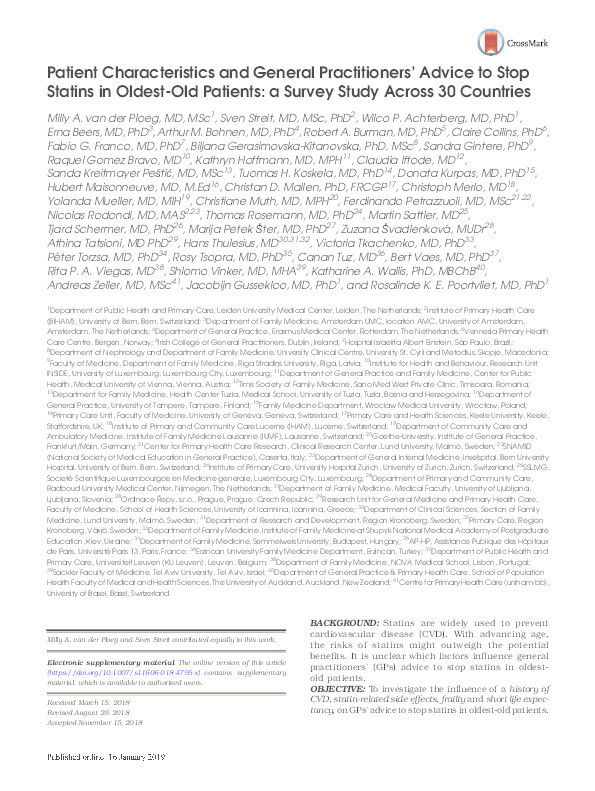 Patient Characteristics and General Practitioners' Advice to Stop Statins in Oldest-Old Patients: a Survey Study Across 30 Countries. Thumbnail