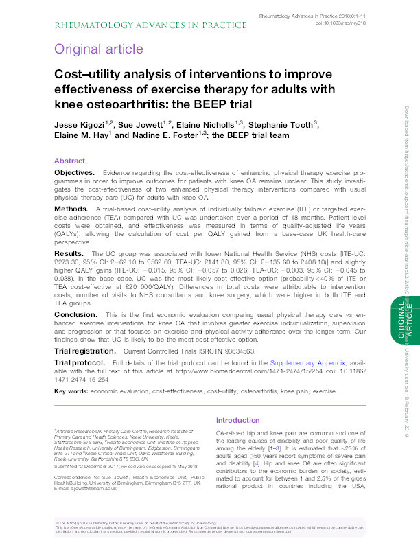 Cost-utility analysis of interventions to improve effectiveness of exercise therapy for adults with knee osteoarthritis: the BEEP trial. Thumbnail