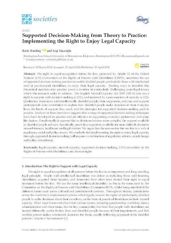 Supported Decision-Making from Theory to Practice: Implementing the Right to Enjoy Legal Capacity Thumbnail