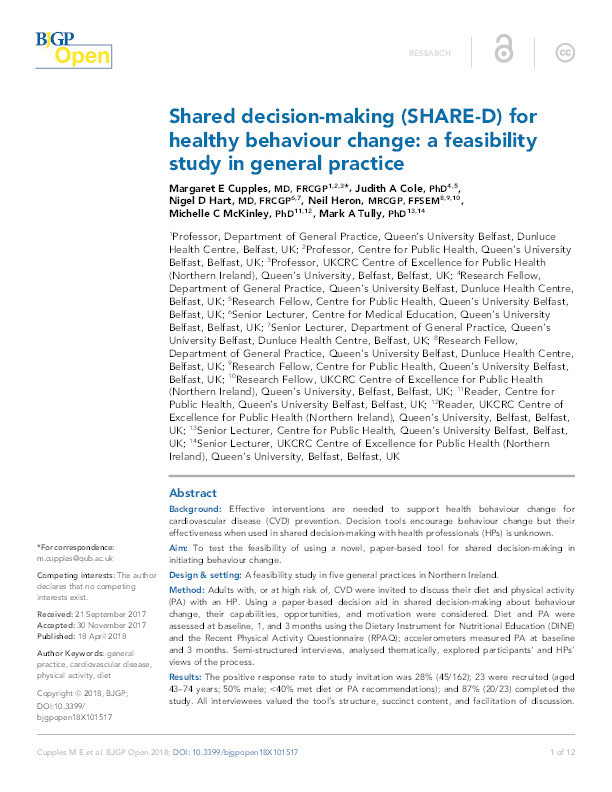 Shared decision-making (SHARE-D) for healthy behaviour change: a feasibility study in general practice Thumbnail