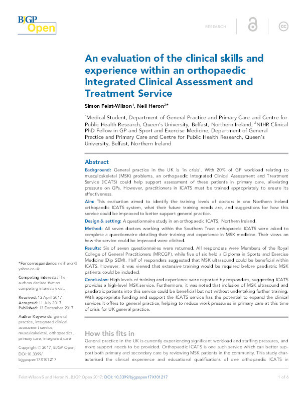 An evaluation of the clinical skills and experience within an orthopaedic Integrated Clinical Assessment and Treatment Service Thumbnail