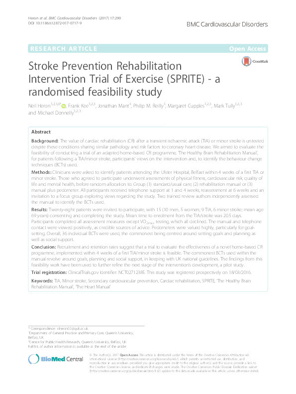 Stroke Prevention Rehabilitation Intervention Trial of Exercise (SPRITE) - a randomised feasibility study Thumbnail