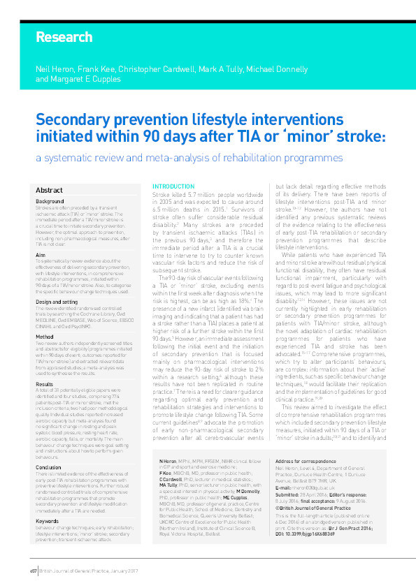 Secondary prevention lifestyle interventions initiated within 90 days after TIA or ‘minor’ stroke: a systematic review and meta-analysis of rehabilitation programmes Thumbnail